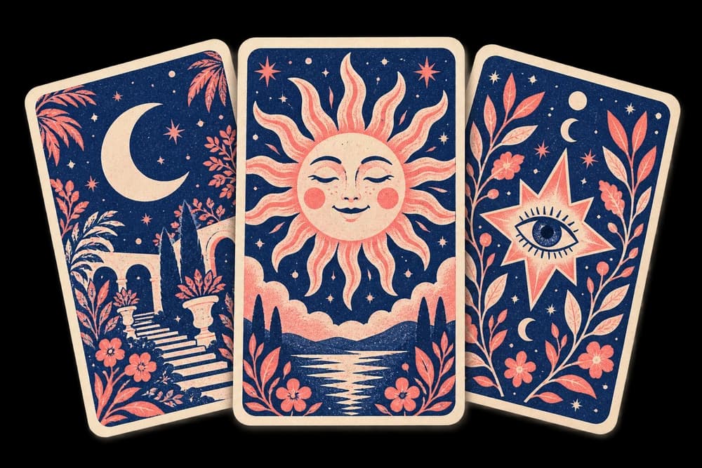 Three overlapping moon, sun, and star illustrations in the same coral and indigo print style